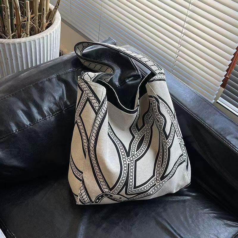 Linen Large Capacity Canvas Tote - Natural Woven Cloth Bag with Totem Design
