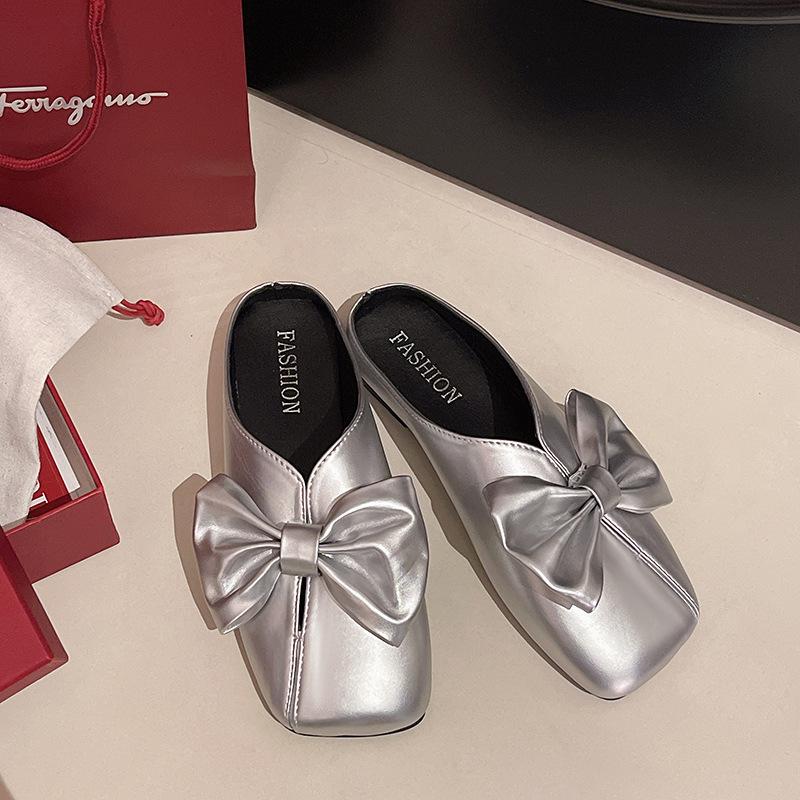 Baotou Half Slippers Women's Summer Wear New Bow Soft Bottom with Skirt Square Head Lazy Muller Cool Slippers