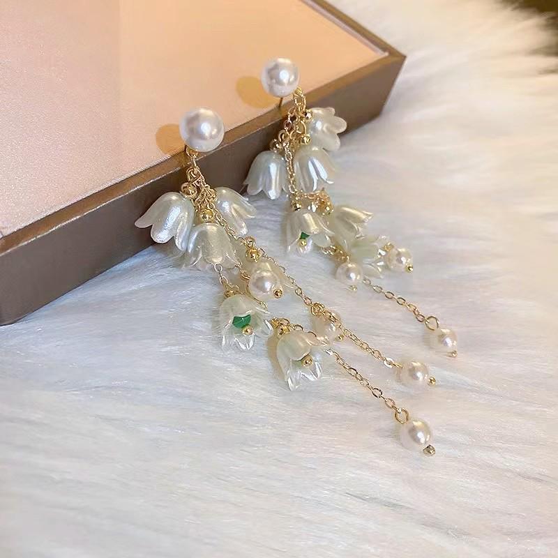 Pearl Orchid Bluebell Long Tassel Earrings for Women - Korean Style, Sweet Floral Design