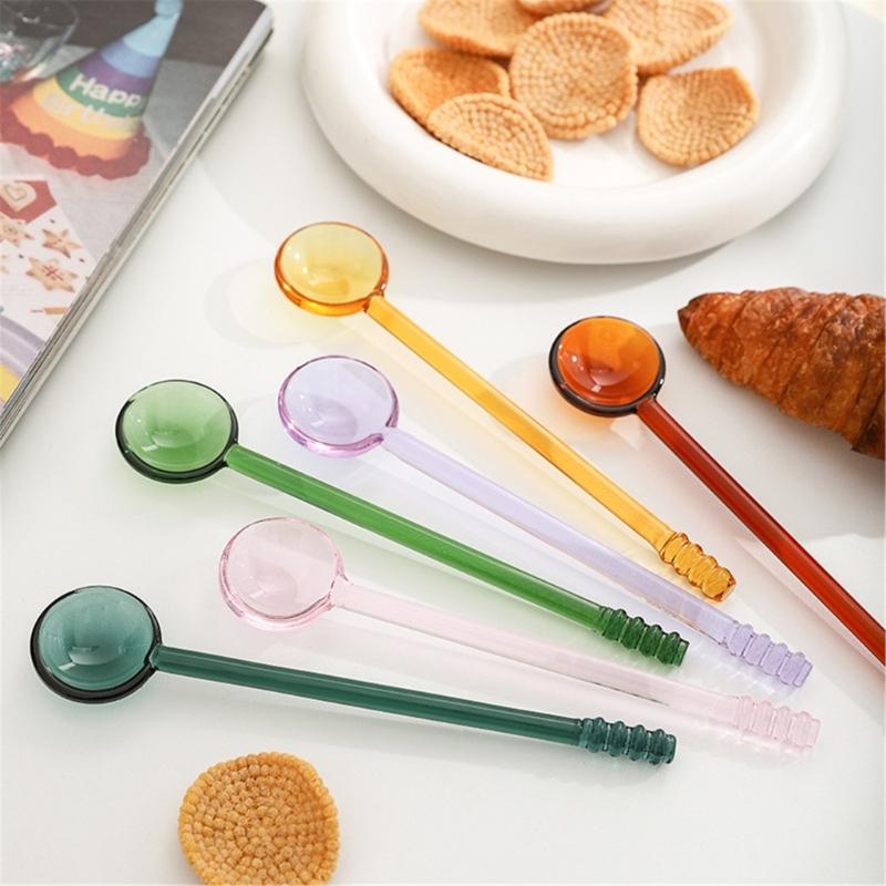 6 Pieces Colorful Glass Spoons Handcrafted Teaspoon for Dessert Presentation Use Practical Kitchen Tool