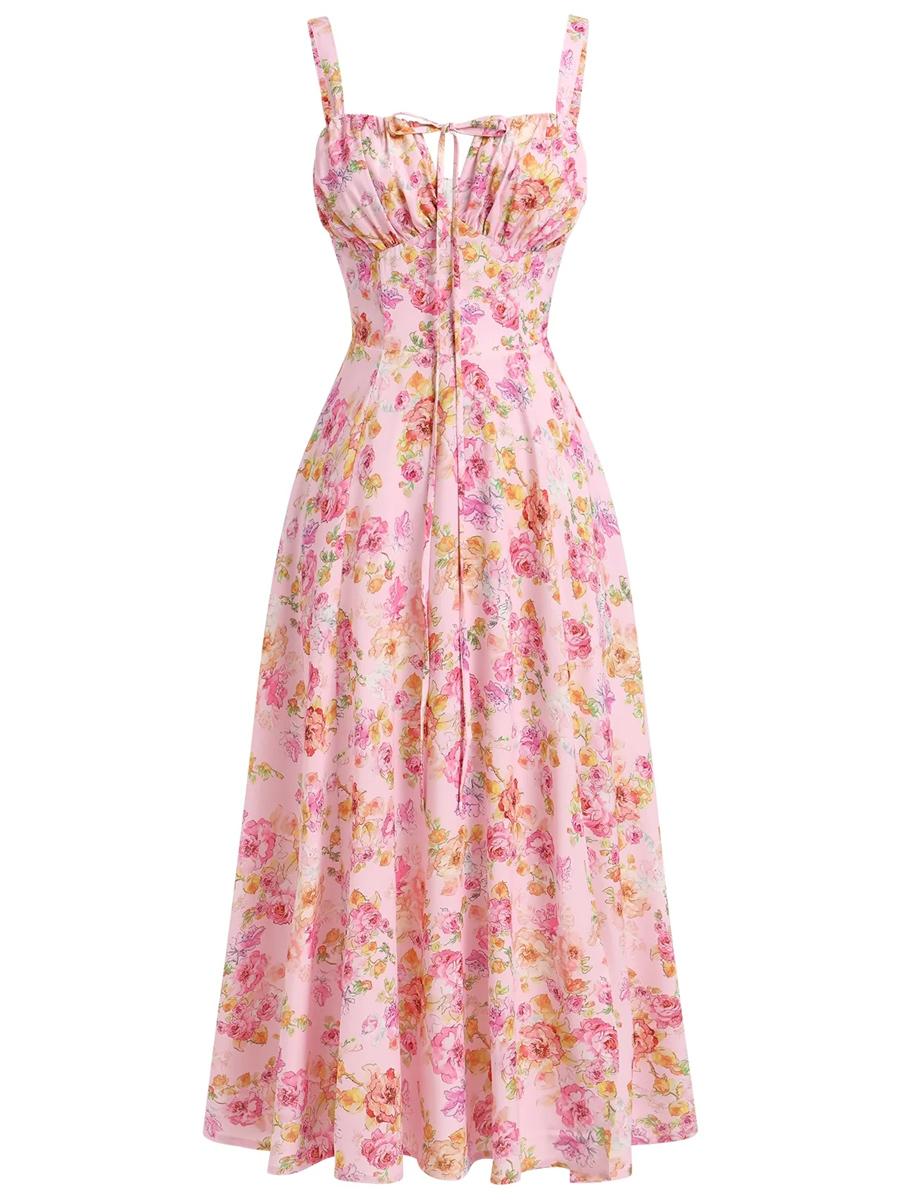 

Платье на бретелях-спагетти с цветочным принтом и завязкой на шее, летнее платье приталенного кроя, повседневная юбка-клеш, женское платье в стиле бохо-шик S розовый