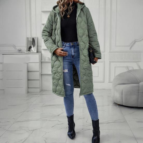 Long Quilted Puffer Jacket for Women Casual Lightweight Zip Up Hooded Coat Winter Knee Length Padded Outerwear