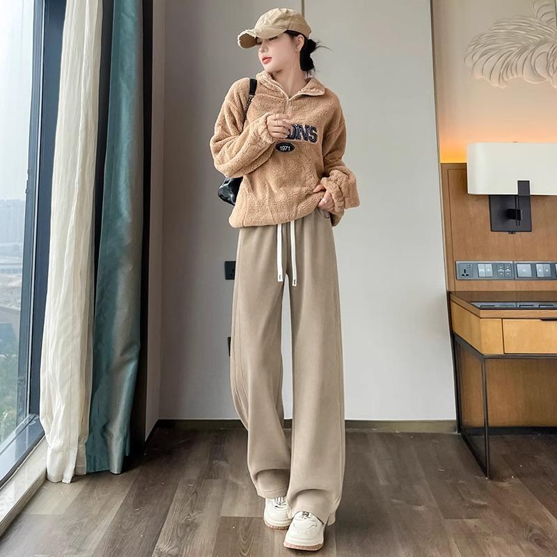Women's Lambswool Wide-Leg Sweatpants, Autumn/Winter Narrow Straight-Leg, Tall Plus Velvet, Extra Length, Outerwear Cotton Pants.