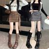 Trendy High Waist Brown Plaid Pleated Mini Skirt Comfort Regular Waist Skirt High Waist Plaid Pleated Skirt Preppy Style Bow Skirt