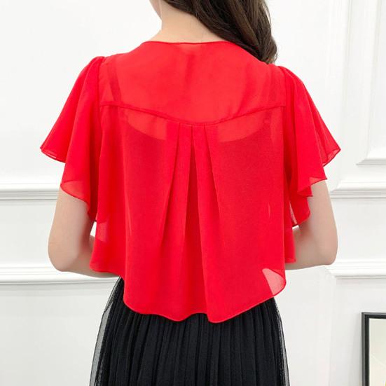 Ruffle Sleeve See-Through Front Lace-up Lady Cover-Up Chiffon Short Jacket Sunscreen
