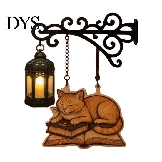 Cat Decor for Book Lovers Vintage Bookshelf Light with Sleeping on Design, Retro Lantern Unique Craft Gifts Students Lamp Reading, Decorative
