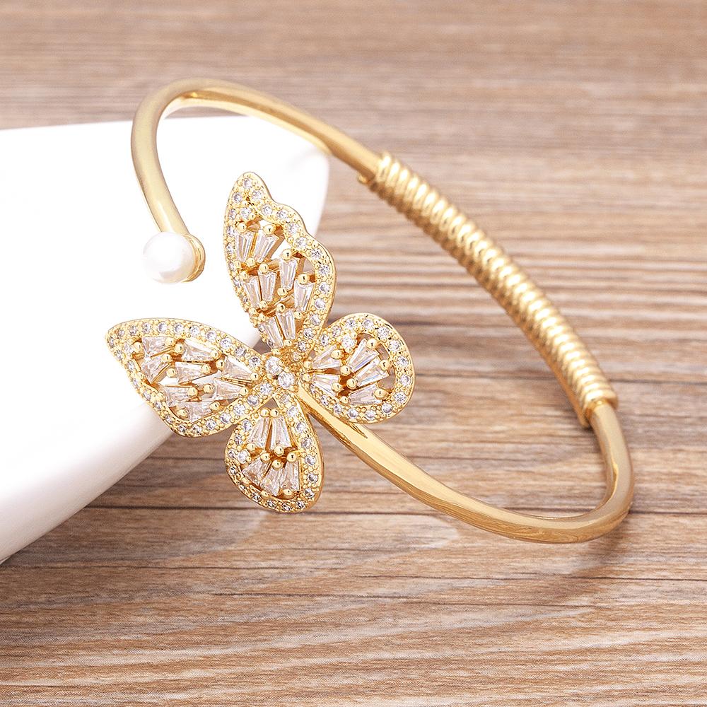 Nidin Butterfly Cubic Zircon Open Bangle Elegant Pearl Accent Adjustable Cuff Bracelets for Women Wedding Party Jewelry Gifts