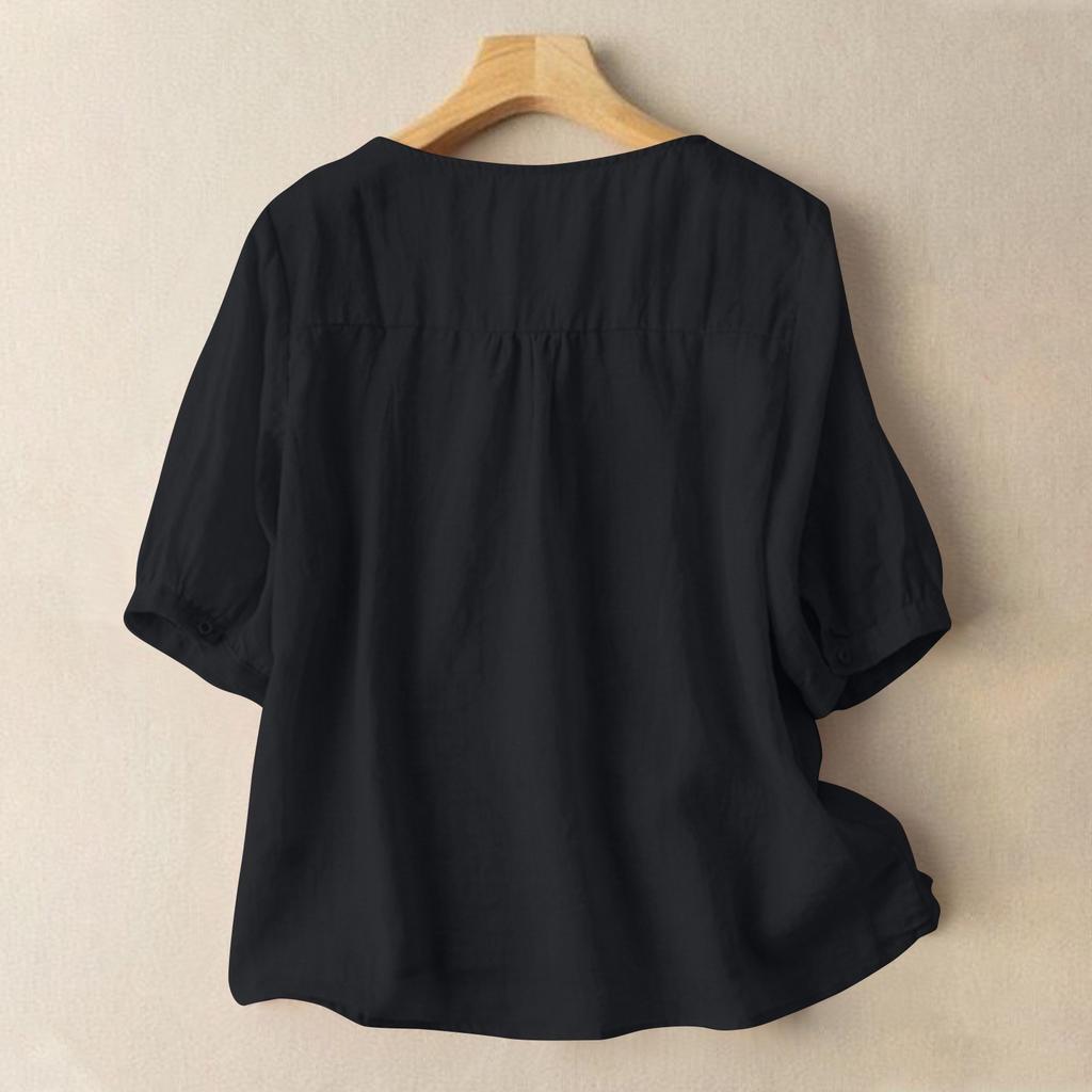 Women's Solid Color Cotton And Linen Short-sleeved Embroidered Retro Breathable T-shirt Round Neck Top