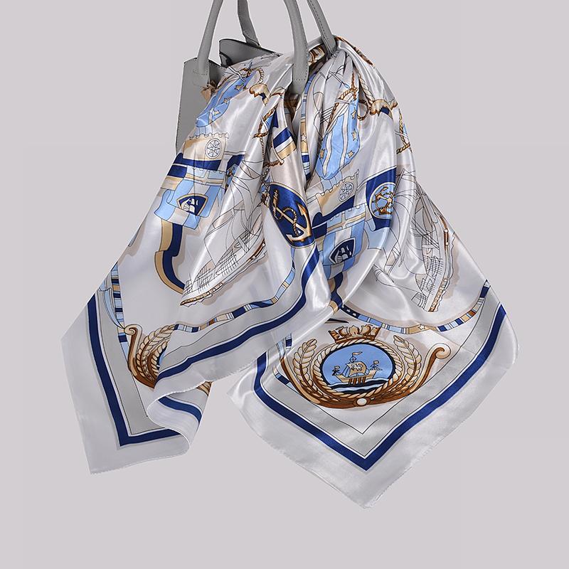 [BYSIFA] Women Silk Scarf Shawl Printed Chinese Rose Navy Blue Red Square Scarves 90*90cm Fashion Accessories Headscarves Hijabs