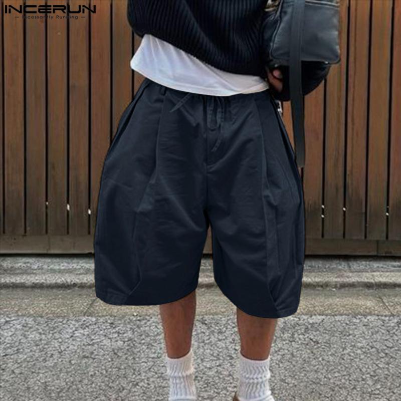 INCERUN Men Drawstring Elastic Waist Casual Loose Wide Legs Half Pants Shorts