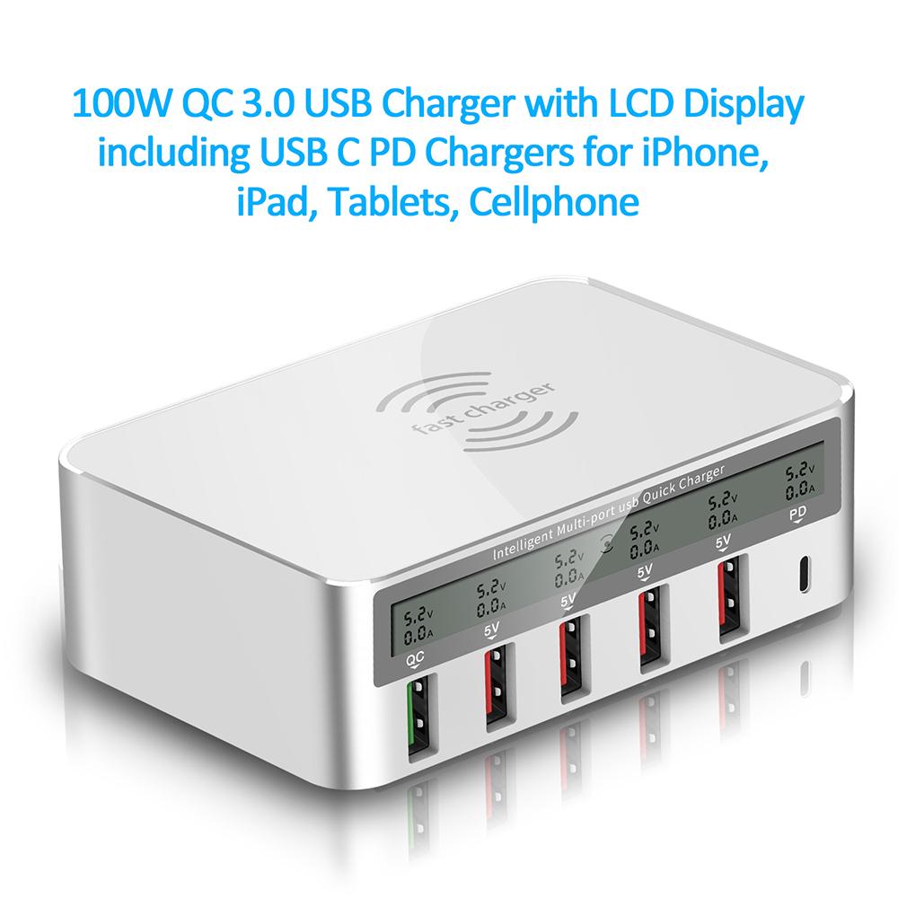 USB PD QC Charger Adapter Wireless Charger 6 Ports Fast Charging Station for IPhone 16/15/14 Pro Max IPad, Samsung Huawei