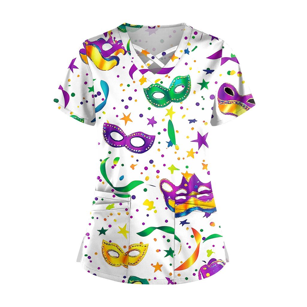 Dam Kortärmad Stagger V-ringad Tryck Ficka Torr-Topp