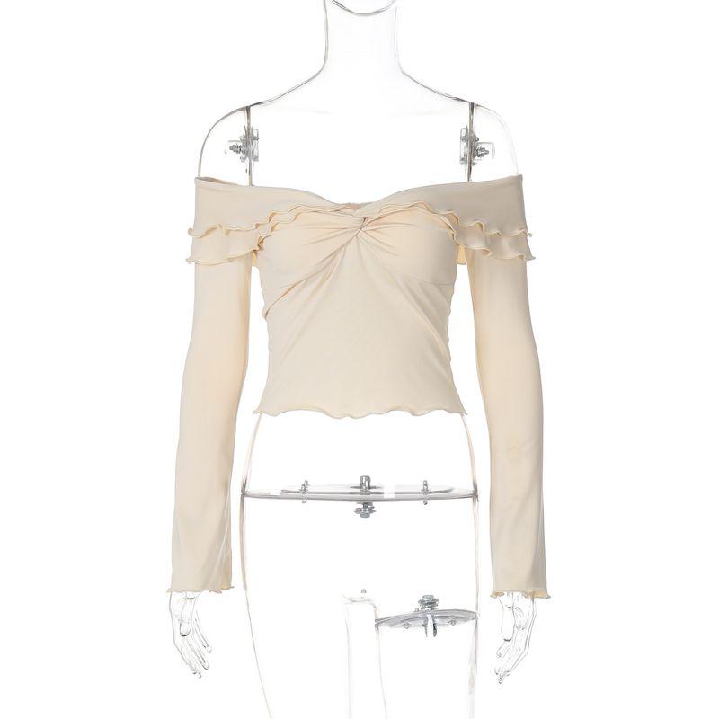 

Fashion Style Fashion Suit Women s Flanging Cross Collar off-Shoulder Long Sleeves Tops Stretch Pleated High Waist Skirt Apricot Tops S