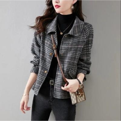 Xiaoxiangfeng Jacket for Women, Spring and Autumn Korean Style Short Plaid Tweed Top for Small People