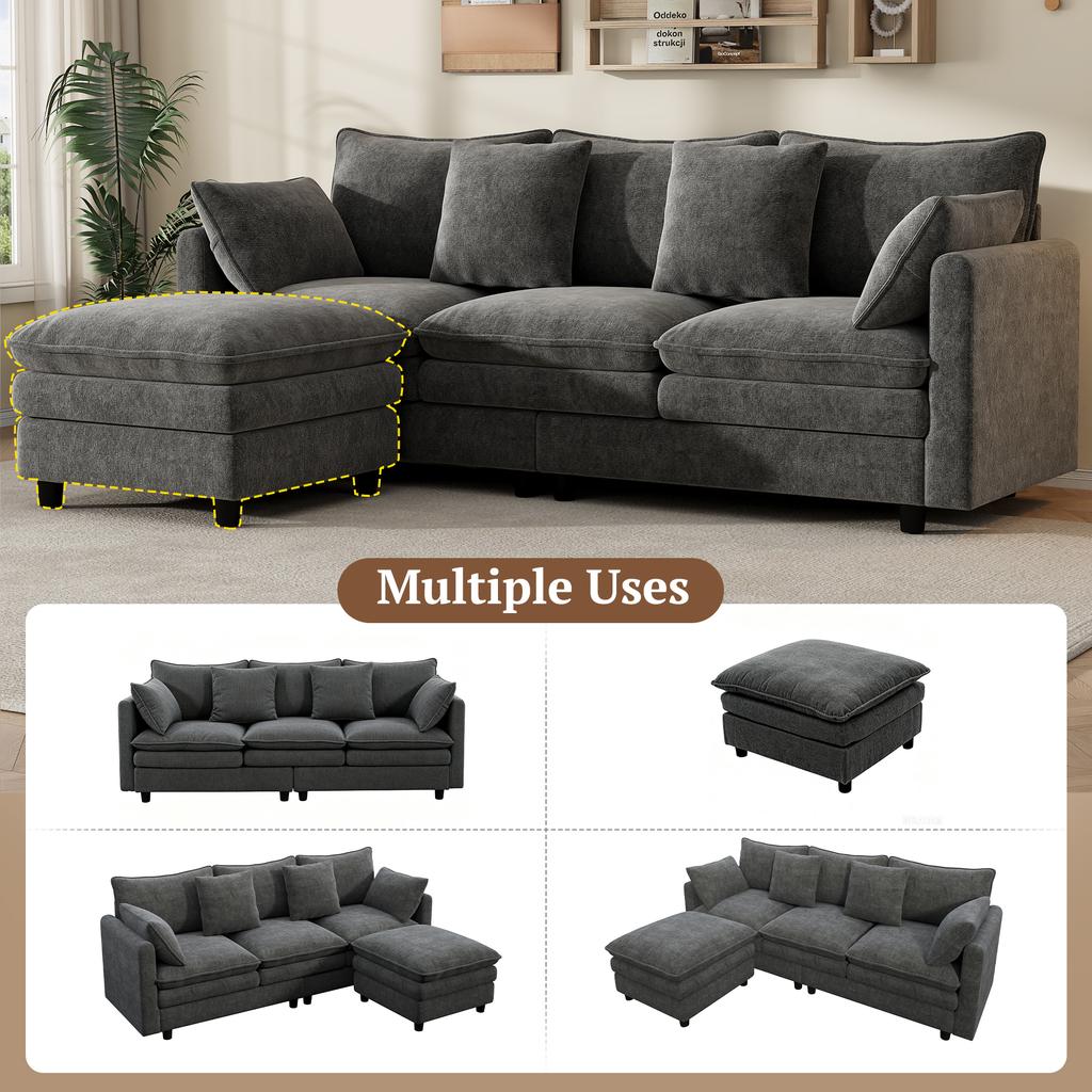 L-Shaped Corner Sofa with 4 Cushions and 3 Backrests, 3-Seater Sofa with Chaise Longue, Capacity up to 120 kg, Living Room Sofa 212×150×90 cm, Grey