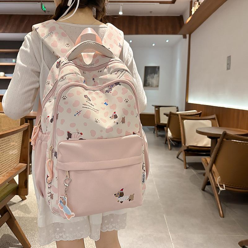Cute Dachshund Dog Cartoon Printed Student Backpack With Pendant School For