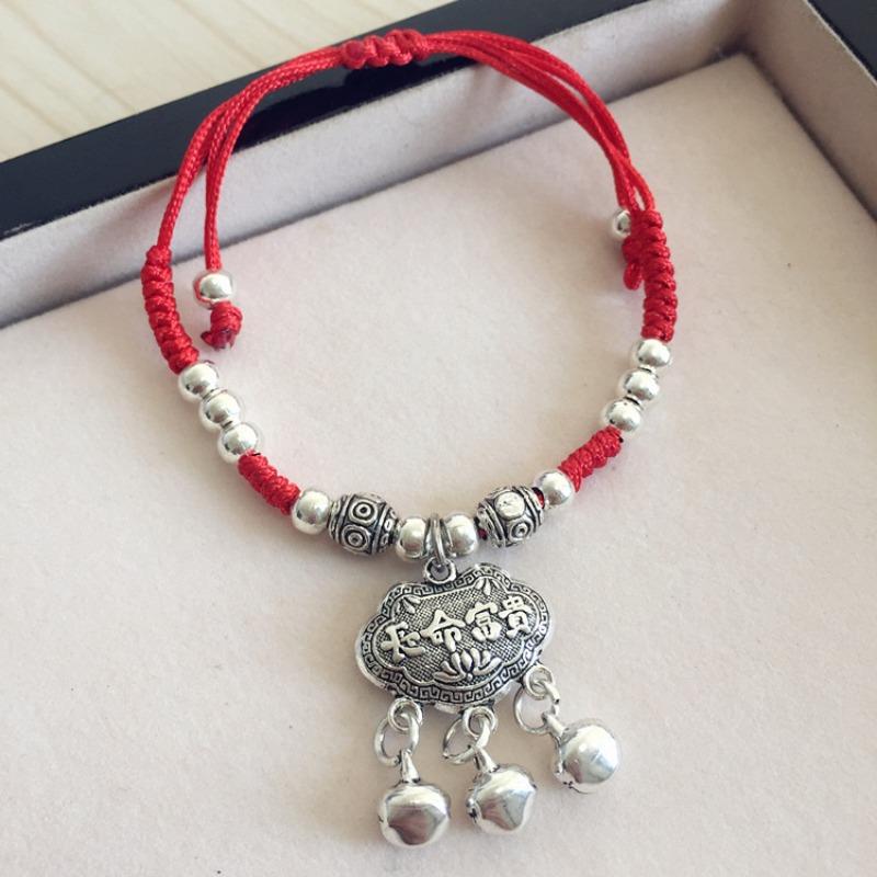 Retro red rope bracelet, small fresh couple bell, long life lock, safe anklet, handmade hidden silver jewelry.