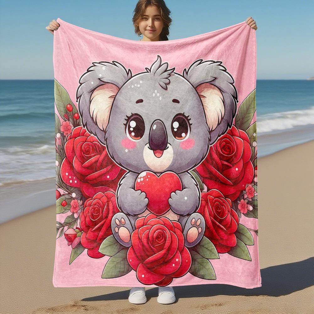 1pc Koala Heart Outdoor Flannel Blanket Soft Warm All-Season Throw for Sofa Bed Car Camping Office, Cozy Gift Idea1322S