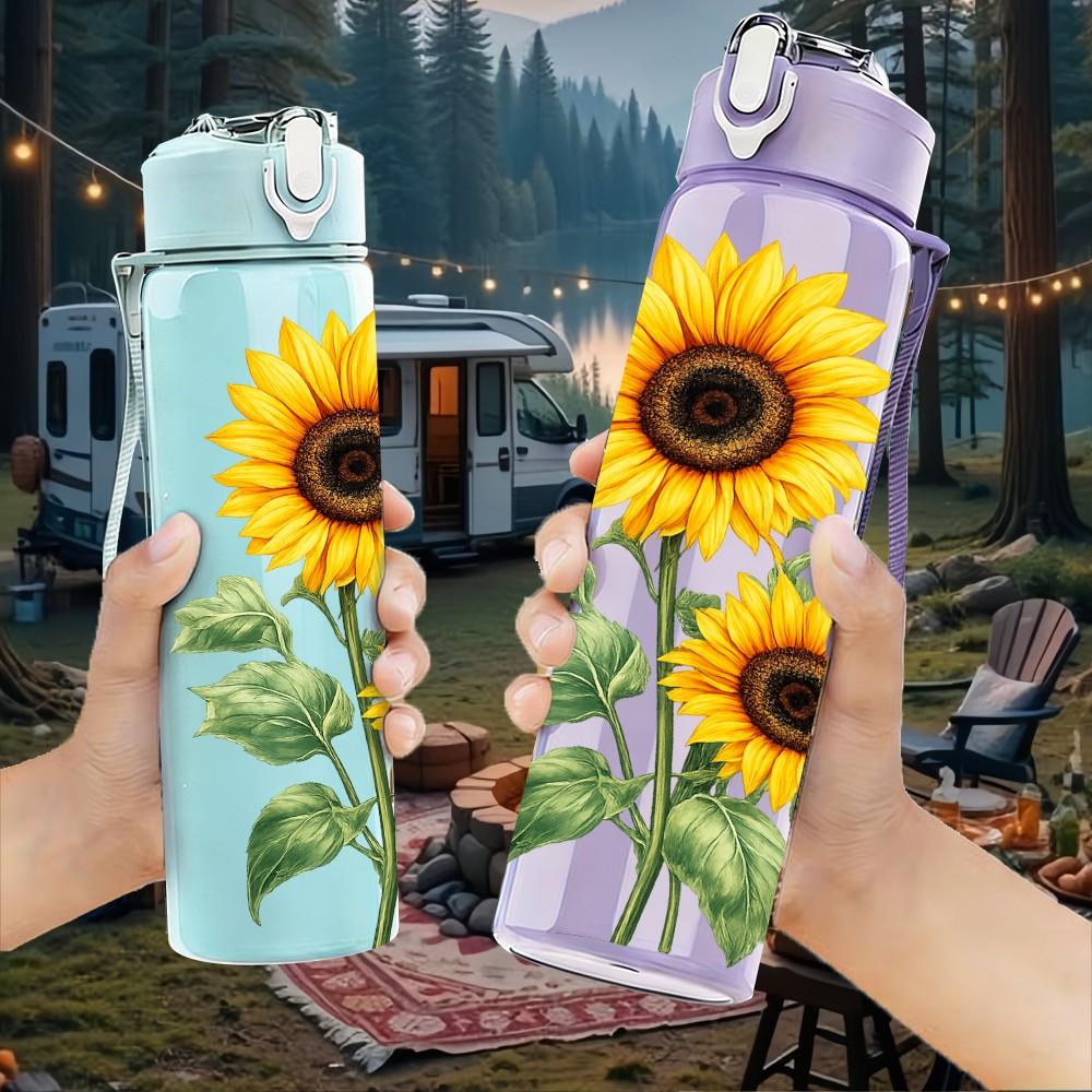 1PC Sunflower Yellow Flower Pattern 750ml Color Plastic Sports Water Bottle Leakproof Flip Straw Lid Suitable for Sports Office Home Use