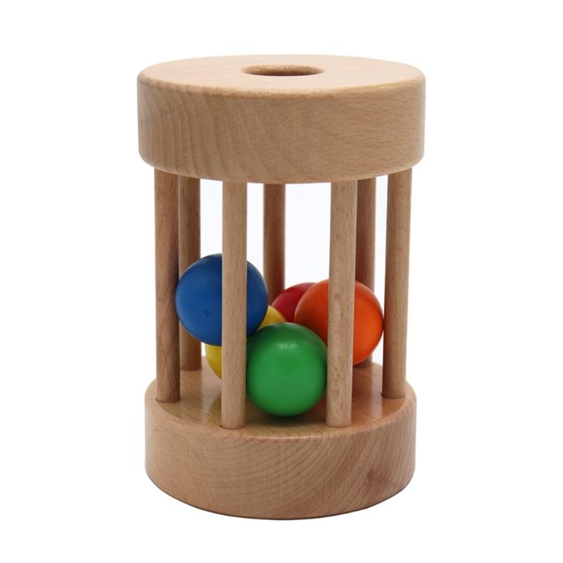 Balls Cylinder Rolling Drum Wood Rattle Rollers Toy Crawling Toy for Babies 6-12 Months Unpainted Exterior 1