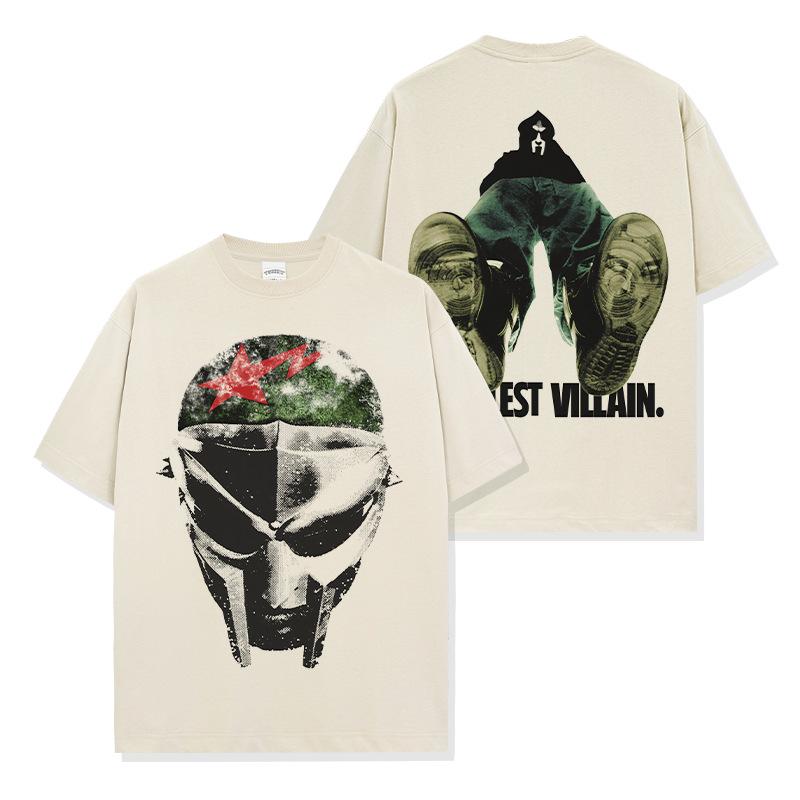 Americké Americké Hip Hopové MF Doom Tištěné Tričko s Krátkým Rukávem Volný Kulatý Výstřih Pánské a Dámské Retro Módní Top s Krátkým Rukávem