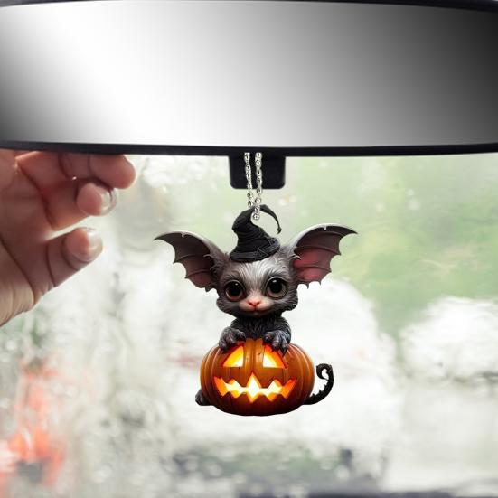 Halloween Decoration Witch Hat Bat Pumpkin Pendant 2D Acrylic Cat Rearview Mirror Charm Festive Atmosphere Enhancer