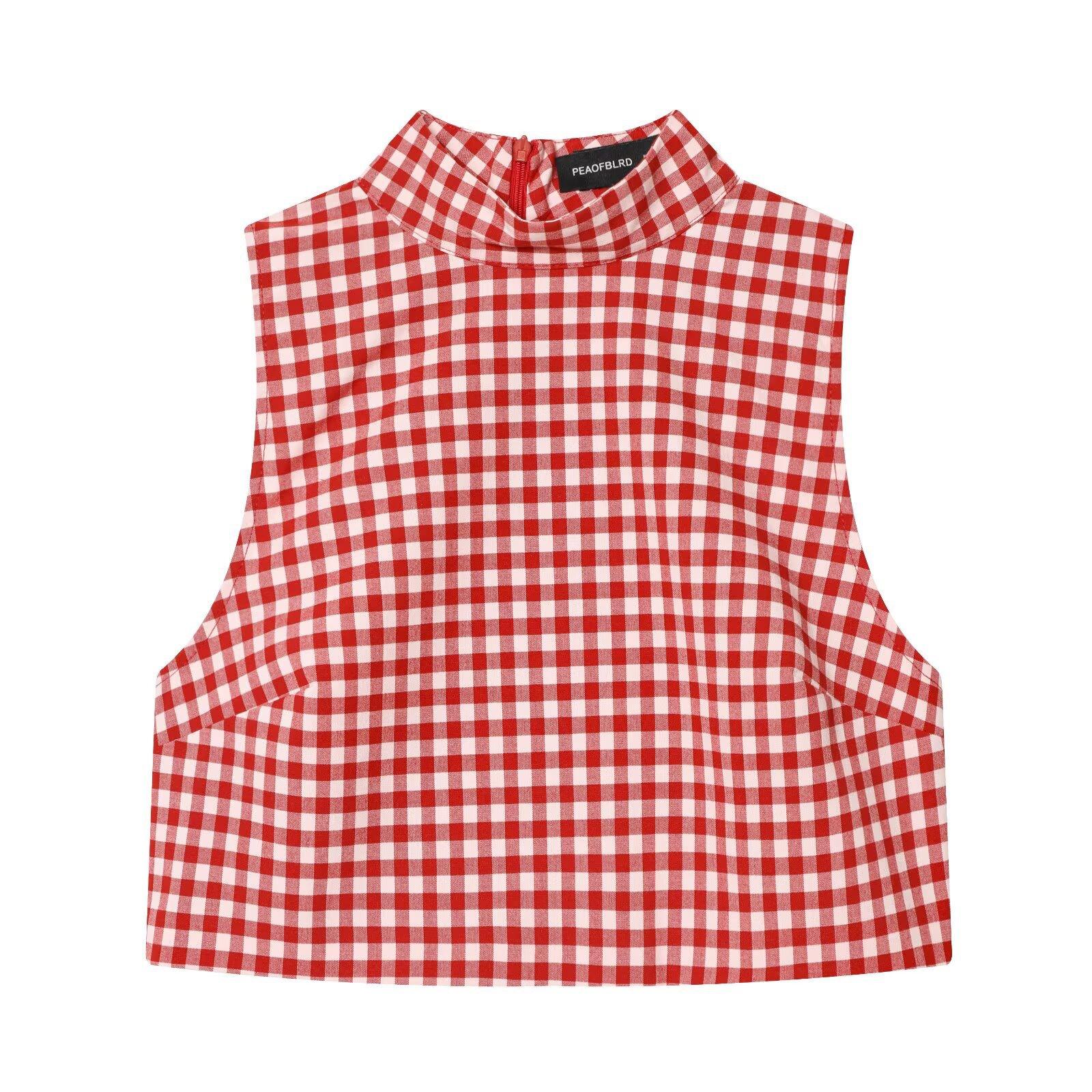 European and American women s clothing popular fashion sleeveless turtleneck plaid short top + trousers XS