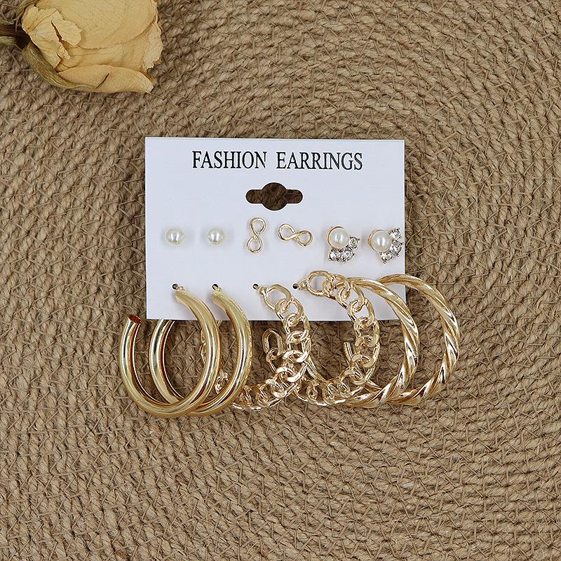 European & American Geometric C-Shaped Hoop Earrings: 6-Piece Gold & Pearl Wire-Wrapped Set for Women