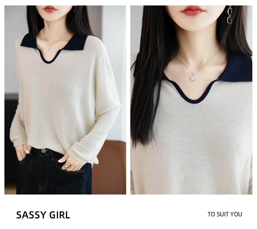 Women's French Retro Slim Fit Wool Knitwear with Color Block Lapel