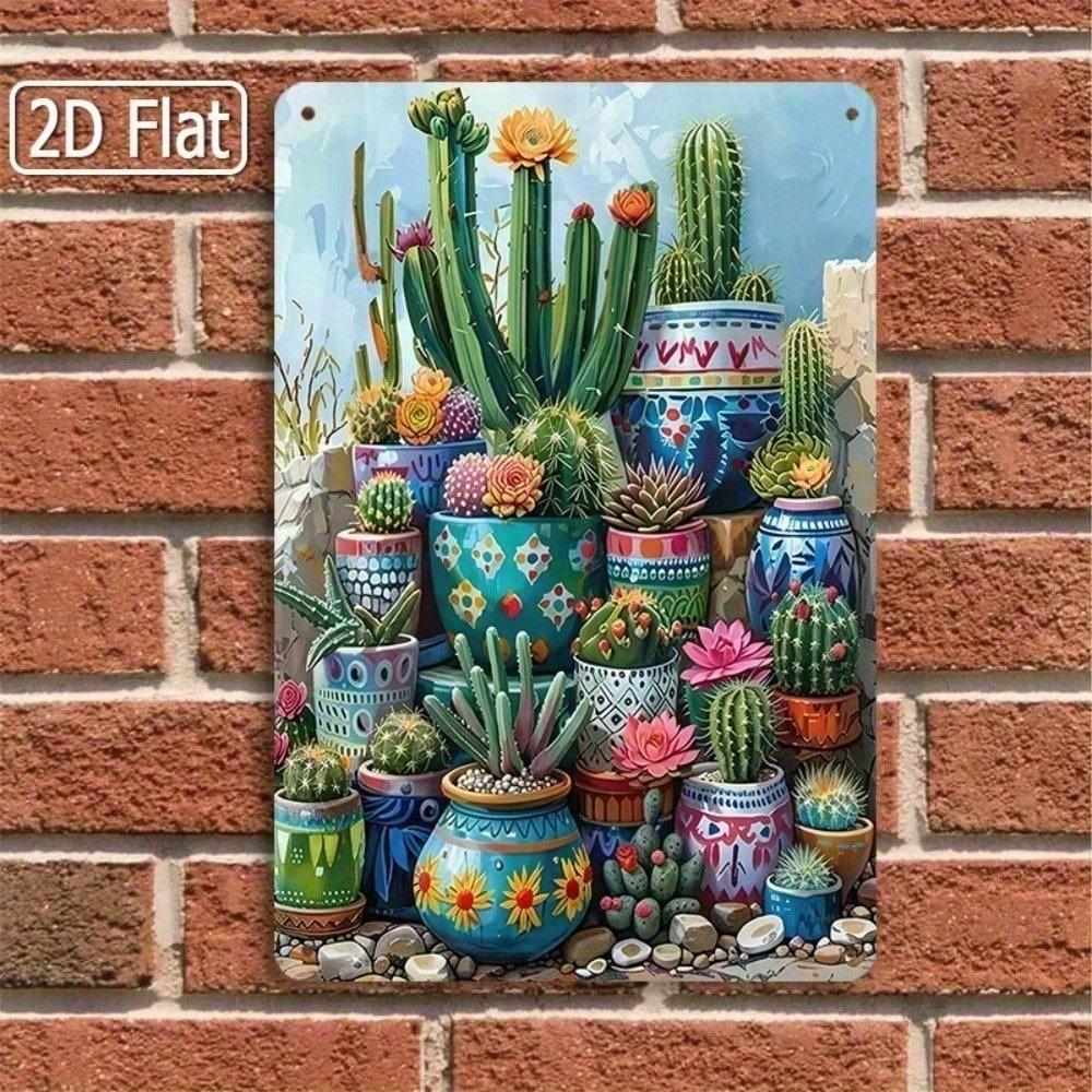 1PC Colorful Cactus Tin Sign, 2D Flat Succulent Metal Plaque, Desert Nature Wall Art, Farmhouse Garden Decor