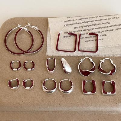 Ancola Red Drip Oil Geometric Metal Stud Earrings - Women's Unique Fashion Statement