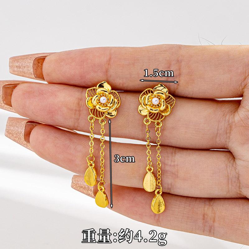 Women 24K Gold Au999 Hollow Flower Tassel Necklace Earring Ring Elegant Set - Pure Gold, Detachable, Ideal For Gifting