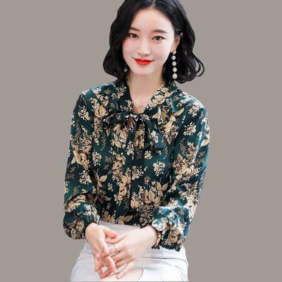 Floral Print Long Sleeved Chiffon Shirt for Women Spring Summer Mother's Top Scarf Collar Bow Bottoming Blouse M-4XL