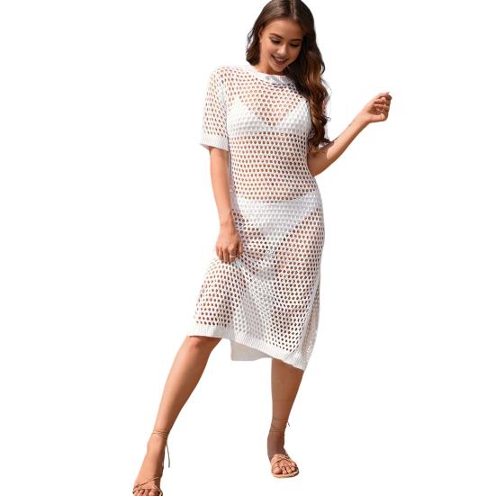 Women Summer Cover Up Dress O-neck Half Sleeve Solid Color Hollow See-through