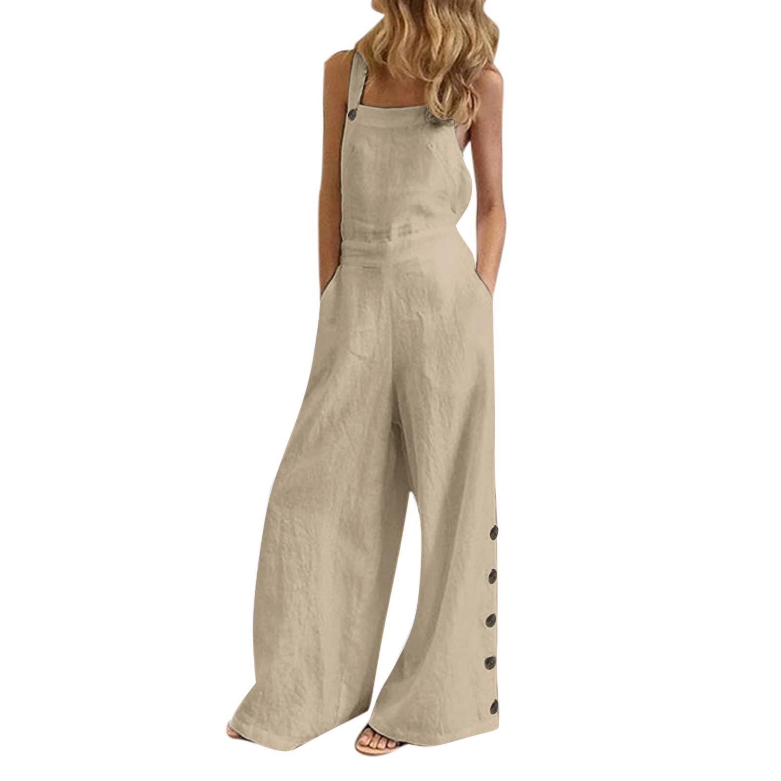 

Женский однотонный комбинезон в стиле ретро без рукавов с боковым карманом, повседневный комбинезон с широкими штанинами и боковой пряжкой S хаки