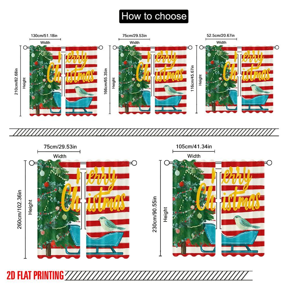 2pcs,2D plane printing Window Curtain Xmas Tree_ Red & White Stripes_ Golden Dots & Birds Durable 100% Polyester Fabric (without