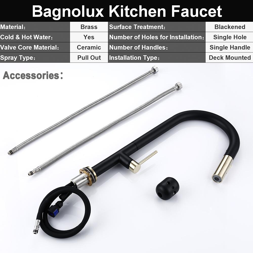 Bagnolux Brass Black Plus Gold 360 Oegree Rotation kitchen Hot Cold Water Sink Taps Pull Out Spout Deck Mounted Kitchen Faucet