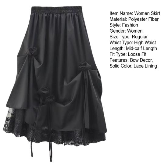 Women Skirt Elastic High Waist Bowknot Decor Lace Lining Midi Skirt Pure Color A-Line Breathable Fabric Slimming