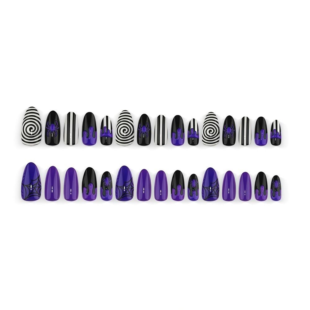 Purple And Black Venom Spider Almond Wear Nails Gothic Dark Halloween Manicure Black And White Swirl Stripes Fake Nails