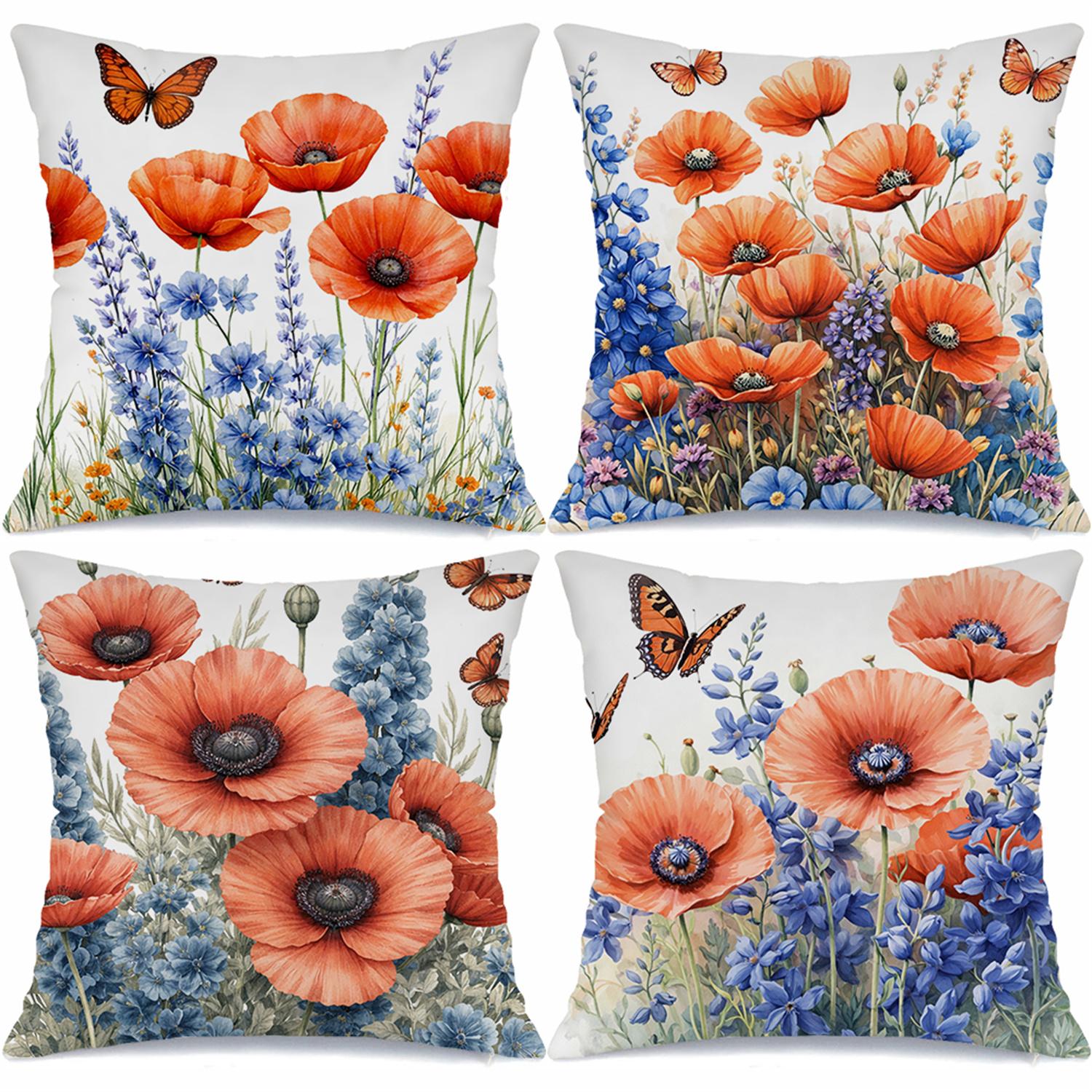 Watercolor Orange Poppy & Butterfly Pillow Covers, Double-Sided Printed Throw Pillow Cases, Farmhouse Cushion Covers For Sofa Peach skin 18*18(CM)-1Pcs