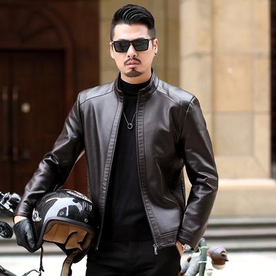 Chaqueta de cuero de otoño e invierno para hombre, chaqueta de cuero ajustada, corta, con cuello alto, chaqueta de cuero para hombre de mediana edad.