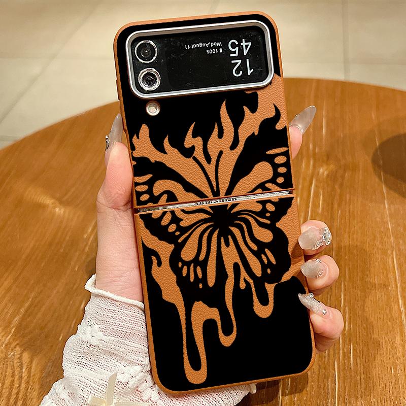 Butterfly Print Leather Texture TPU Magnetic Case For Magsafe For Samsung Galaxy Z Flip 6 5 4 3 Flip4 Flip5 Flip6 Folding Cover