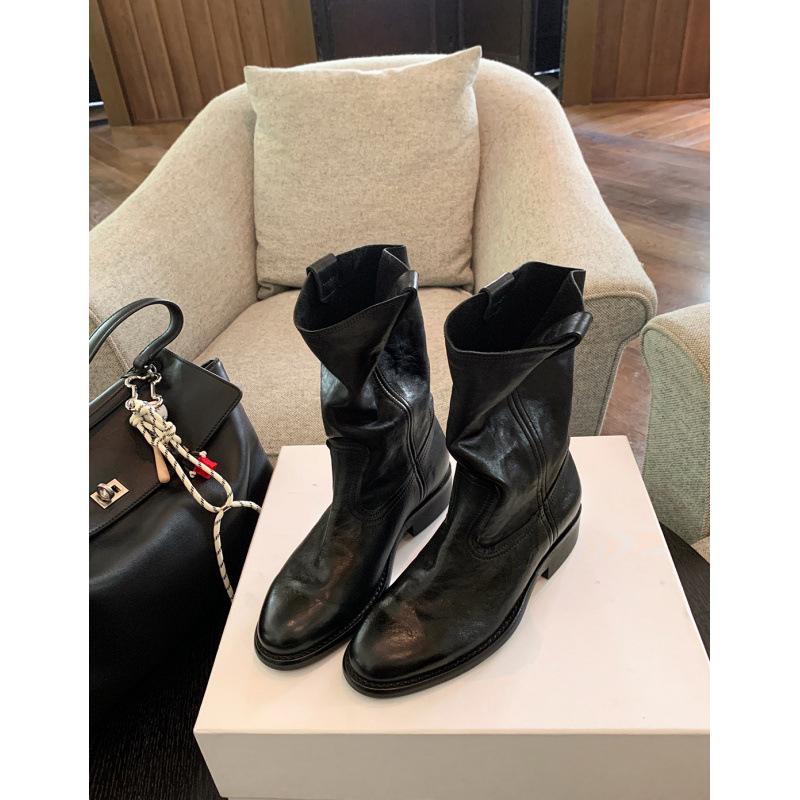 

Shoes Washed Horse Skin V Mouth Western Boots Coarse Heel Short Boots Women s Desert Boots Autumn 34 чёрный