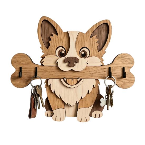 Portachiavi in Legno da Parete, Gancio per Ingresso a Forma di Cane che Tiene un Osso per Casa, Cucina, Corridoio, Organizer Rustico per Chiavi, Guinzaglio per Cani