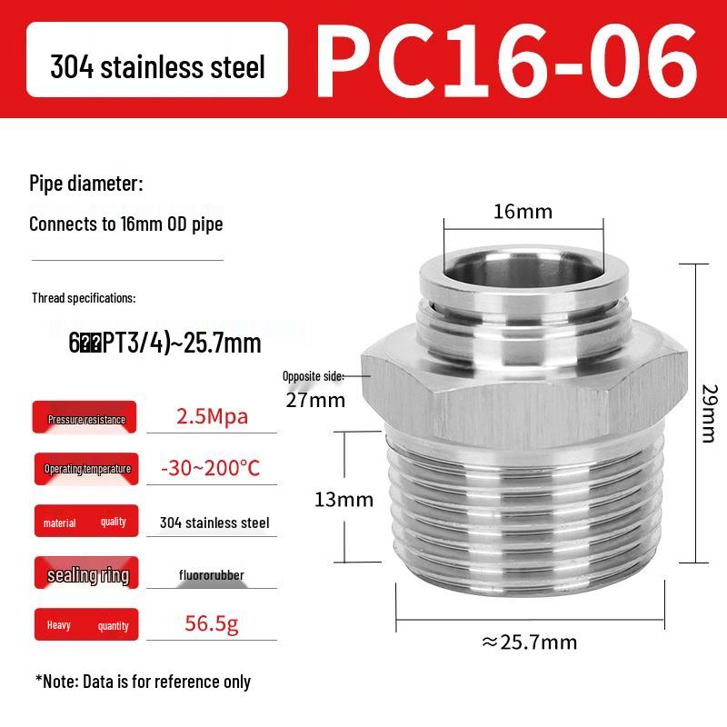 304 Stainless Steel Pneumatic Quick Push-in Connector, PC16-06/PC8-02 Swivel Elbow, PL6-M5/04