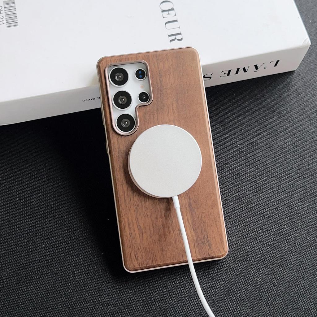 Samsung S25 Ultra Magnetic Walnut Case: Snap-on Metal Frame, Protective Cover for S23/S24