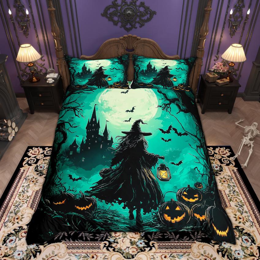 Homewish Magic Witch Duvet Cover Set Halloween Pumpkin Bedding Set Festival Theme Quilt Cover Set