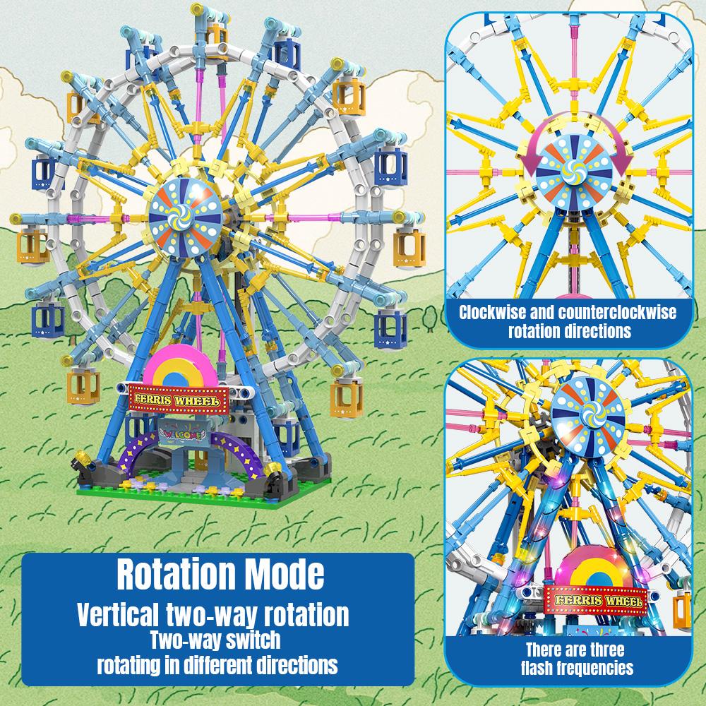 Non-Toxic City Friends Rotating Ferris Wheel Building Blocks Moc Pink Blue Electric Bricks With Light Toys For Children Christmas Diy Gift