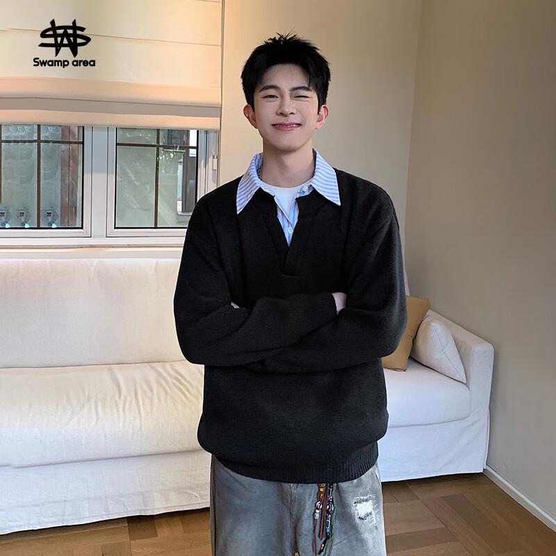 

SWAMP AREA Unisex Faux Two-Piece Knitted Sweater XL