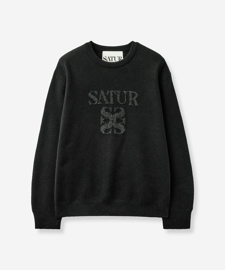 SATUR Basic Logo Jacquard Crew Neck Knit Black
